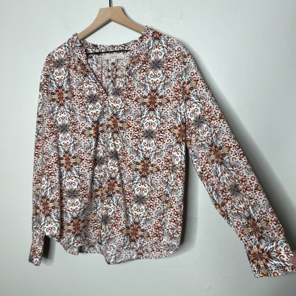 LOFT Womens Button Up Top XL Red Blue Floral Geometric Popover Boho Flowy - Picture 6 of 11